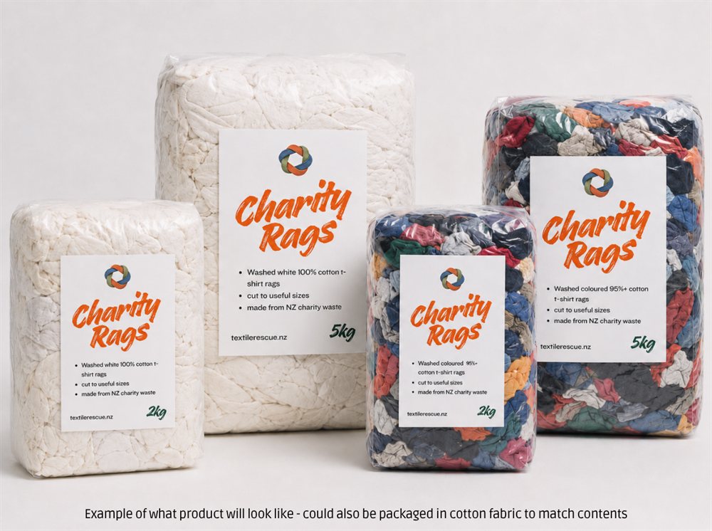 Bags of Textile Rescue charity rags - white 100% cotton rag and coloured cotton rag - in labelled packaging