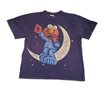A well-worn navy t-shirt printed with baby Elmo asleep on a crescent moon, the print cracked and flaking with age.